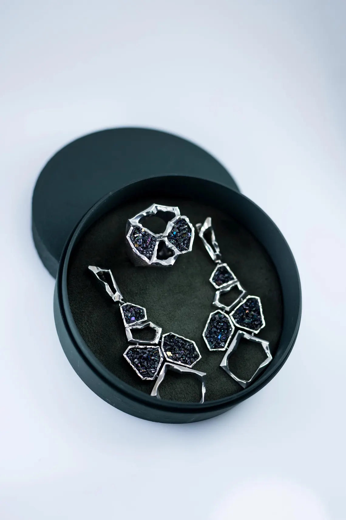 Handmade Earth Element silver set on display