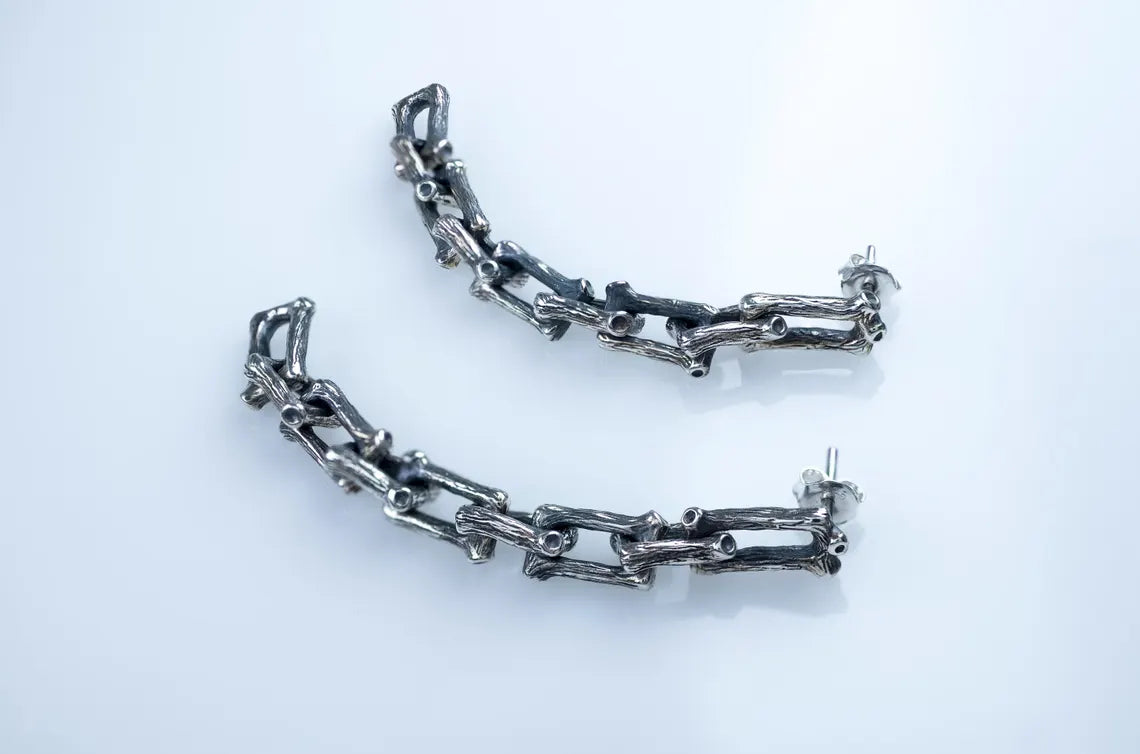 Handcrafted sterling silver chain link earrings with rustic texture
