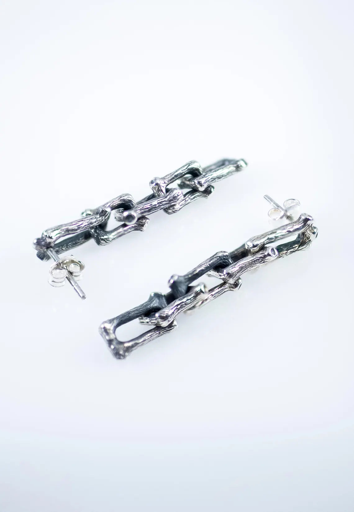 Modern artisan chain link earrings with oxidized silver finish