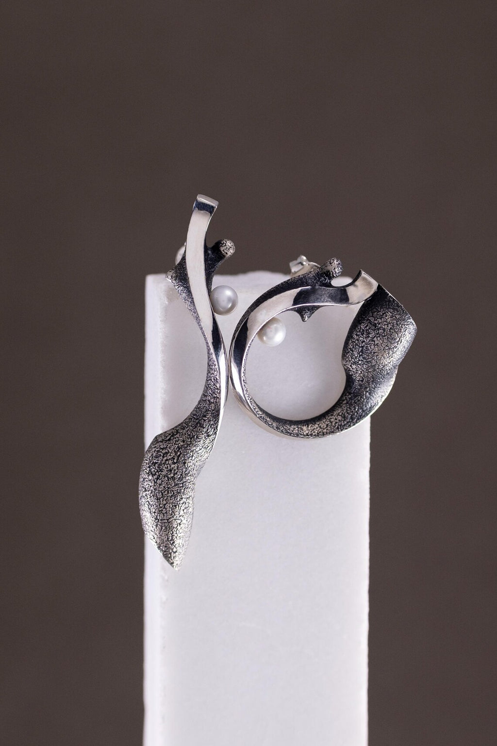 Handcrafted Oxidized Sterling Silver Sculptural Earrings with Pearls – Organic Art Jewelry