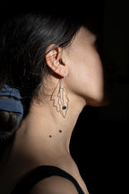 Close-up of a person wearing feather-shaped earrings with a dark background