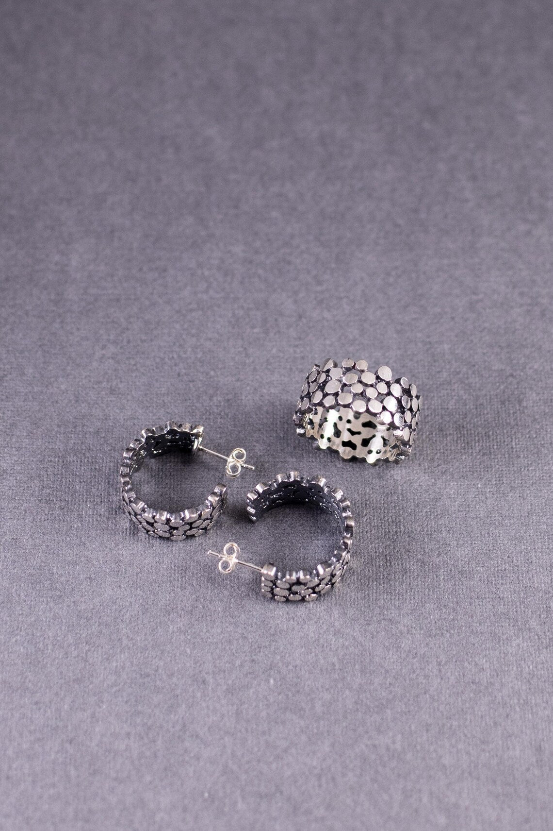 Handcrafted Textured Sterling Silver Jewelry Set – Hoop Earrings & Statement Ring