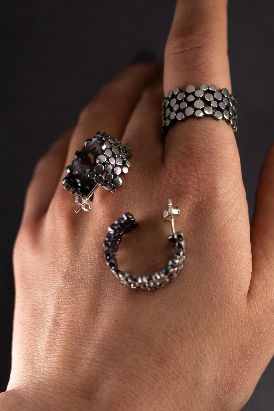 Handcrafted Textured Sterling Silver Jewelry Set – Hoop Earrings & Statement Ring