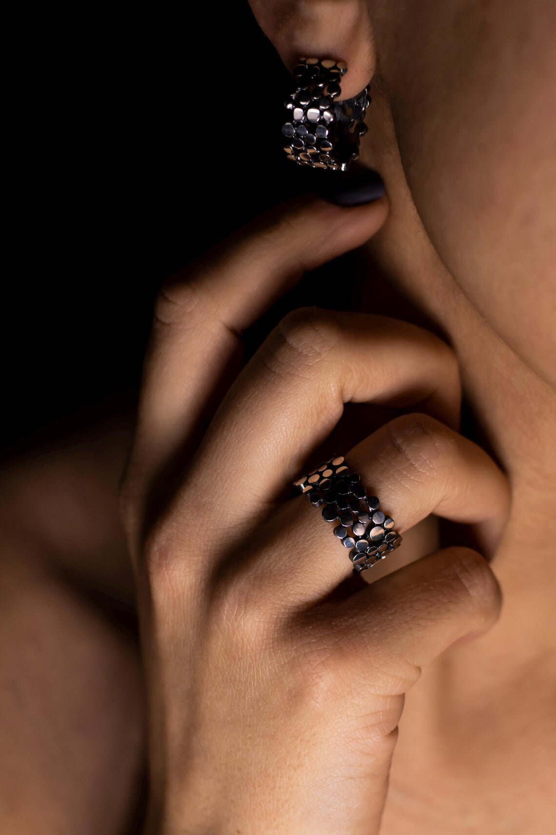 Handcrafted Textured Sterling Silver Jewelry Set – Hoop Earrings & Statement Ring