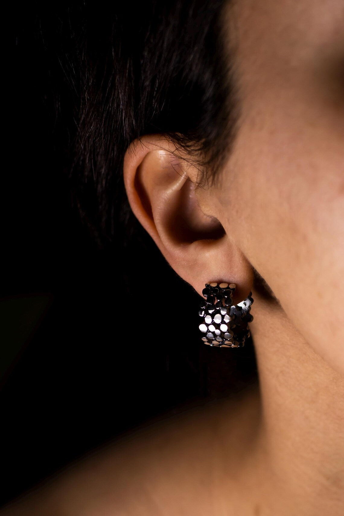 Handcrafted sterling silver textured hoop earrings and matching ring
