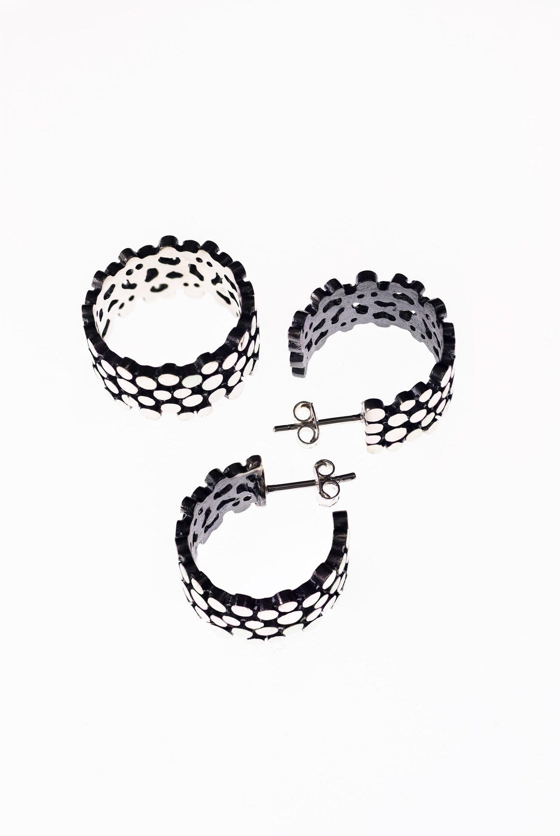Handcrafted Sterling Silver Textured Jewelry Set – Modern Hoop Earrings & Statement Ring