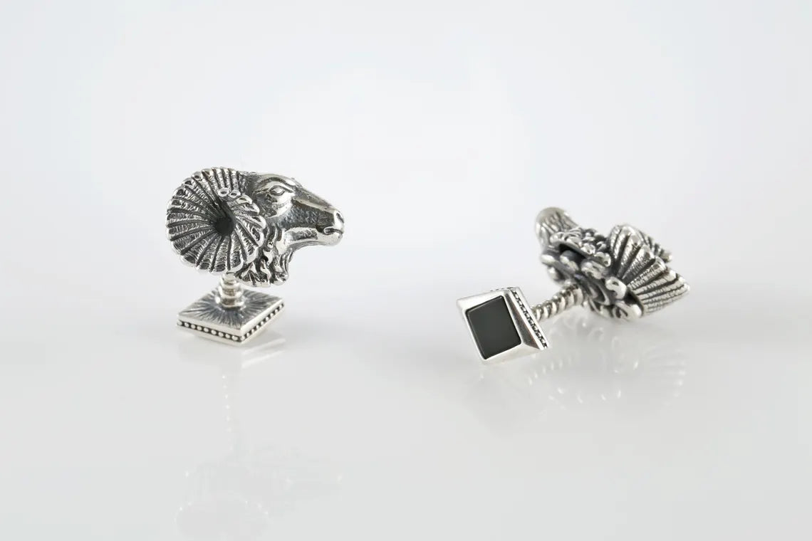 Handmade sterling silver ram head cufflinks