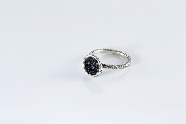 Artisan silver rings with iridescent black druzy style gemstones