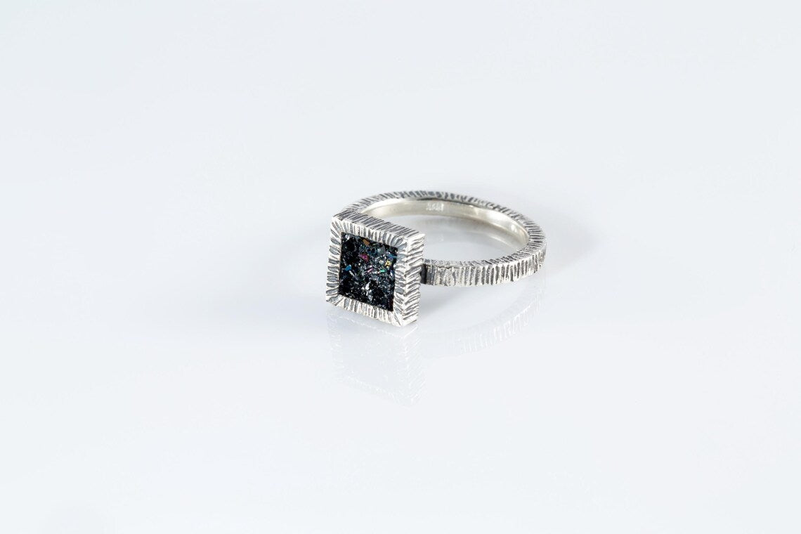 Square and round statement rings in textured sterling silver