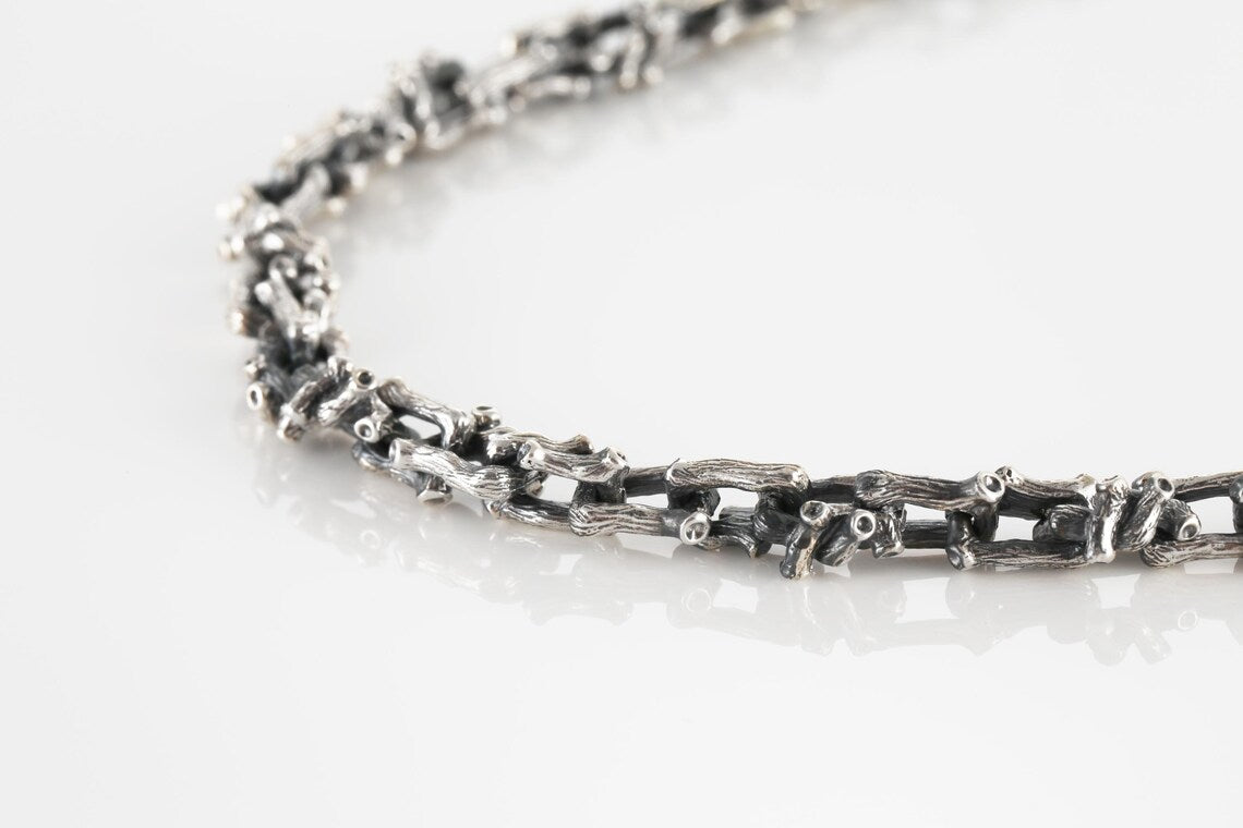 Handcrafted oxidized sterling silver branch chain necklace