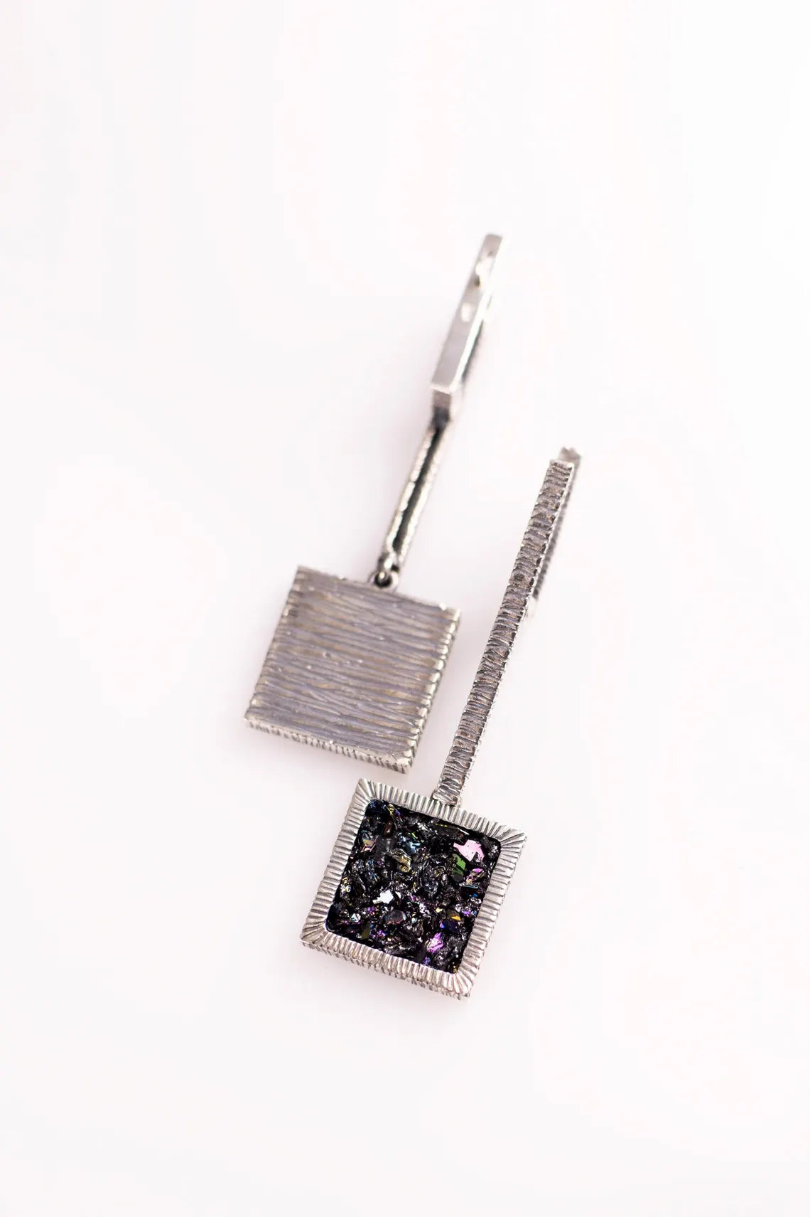 Oxidized silver earrings and ring with rainbow carborundum