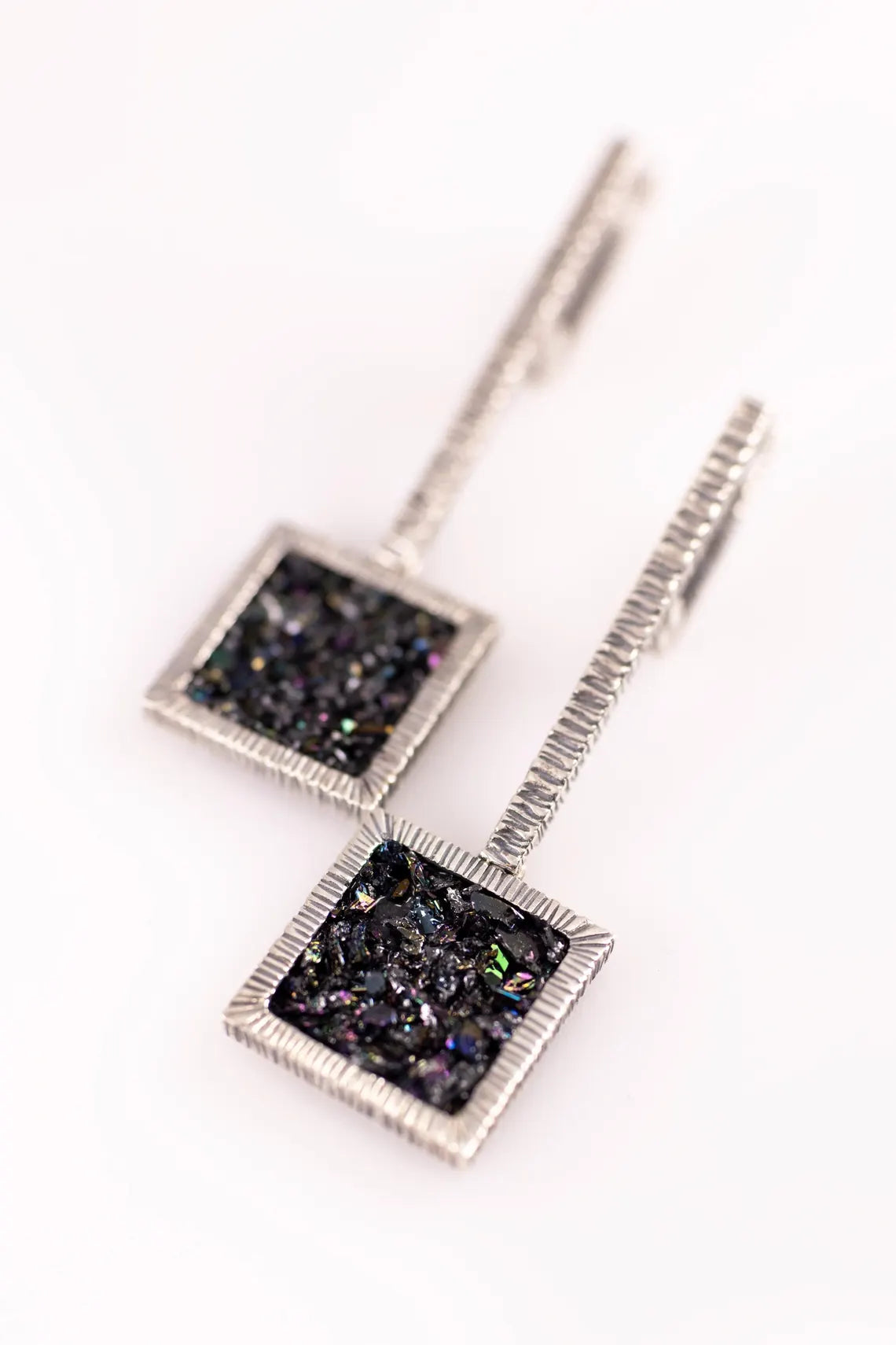 Handcrafted Rainbow Carborundum Geometric Dangle Earrings & Ring in Sterling Silver