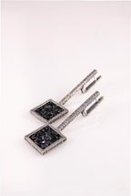 Modern sterling silver statement earrings with rainbow carborundum stones