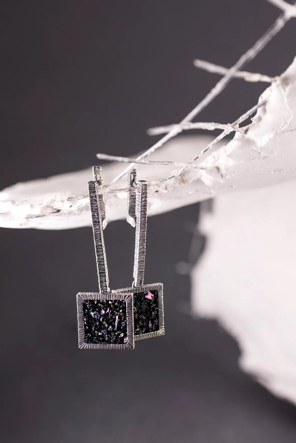 Handcrafted Rainbow Carborundum Geometric Dangle Earrings & Ring in Sterling Silver