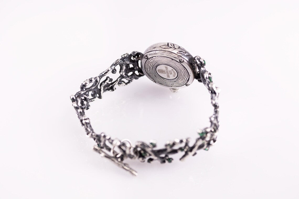Handcrafted Sterling Silver Tree Branch Watch with Green Gemstones