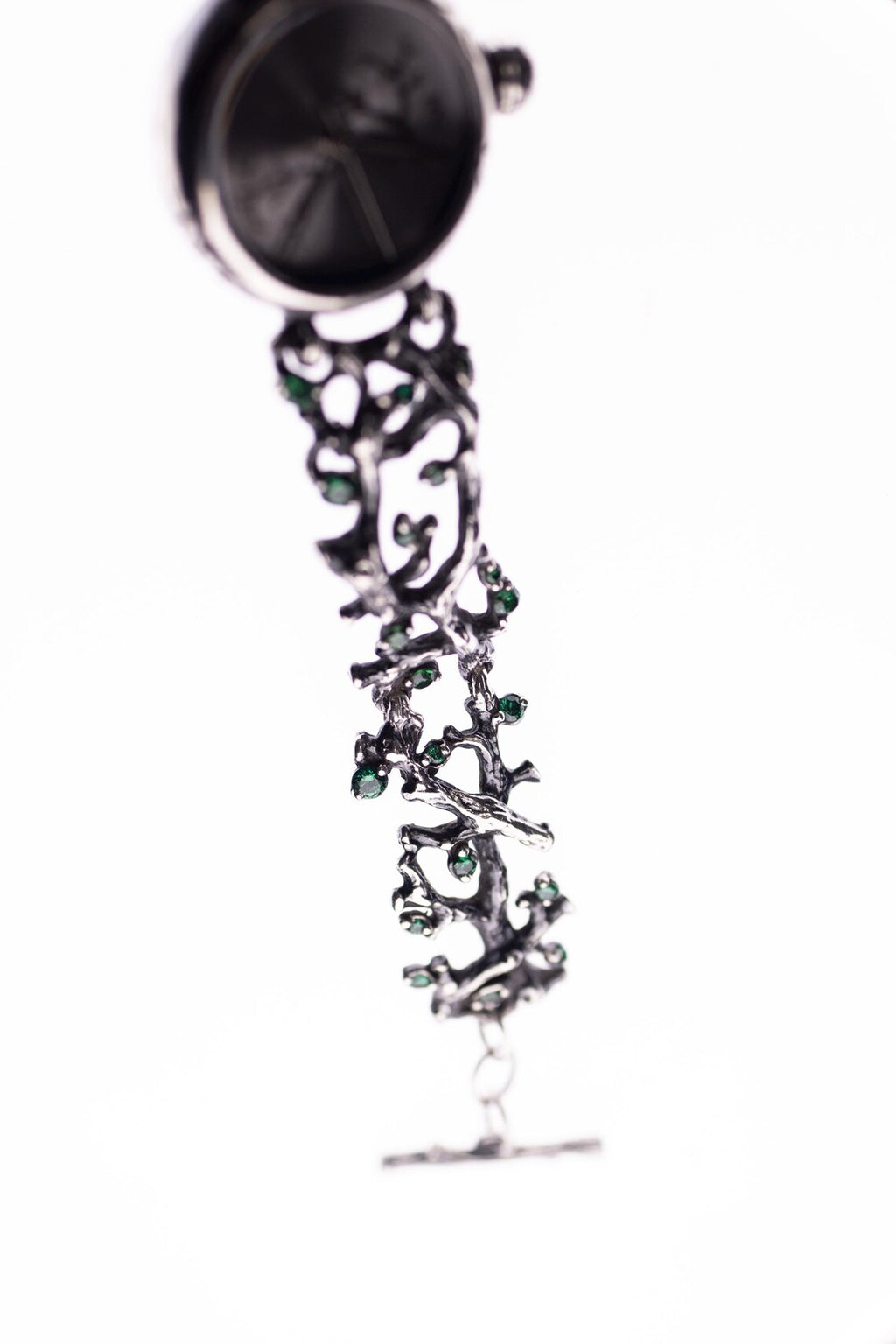 Handcrafted Sterling Silver Tree Branch Watch with Green Gemstones