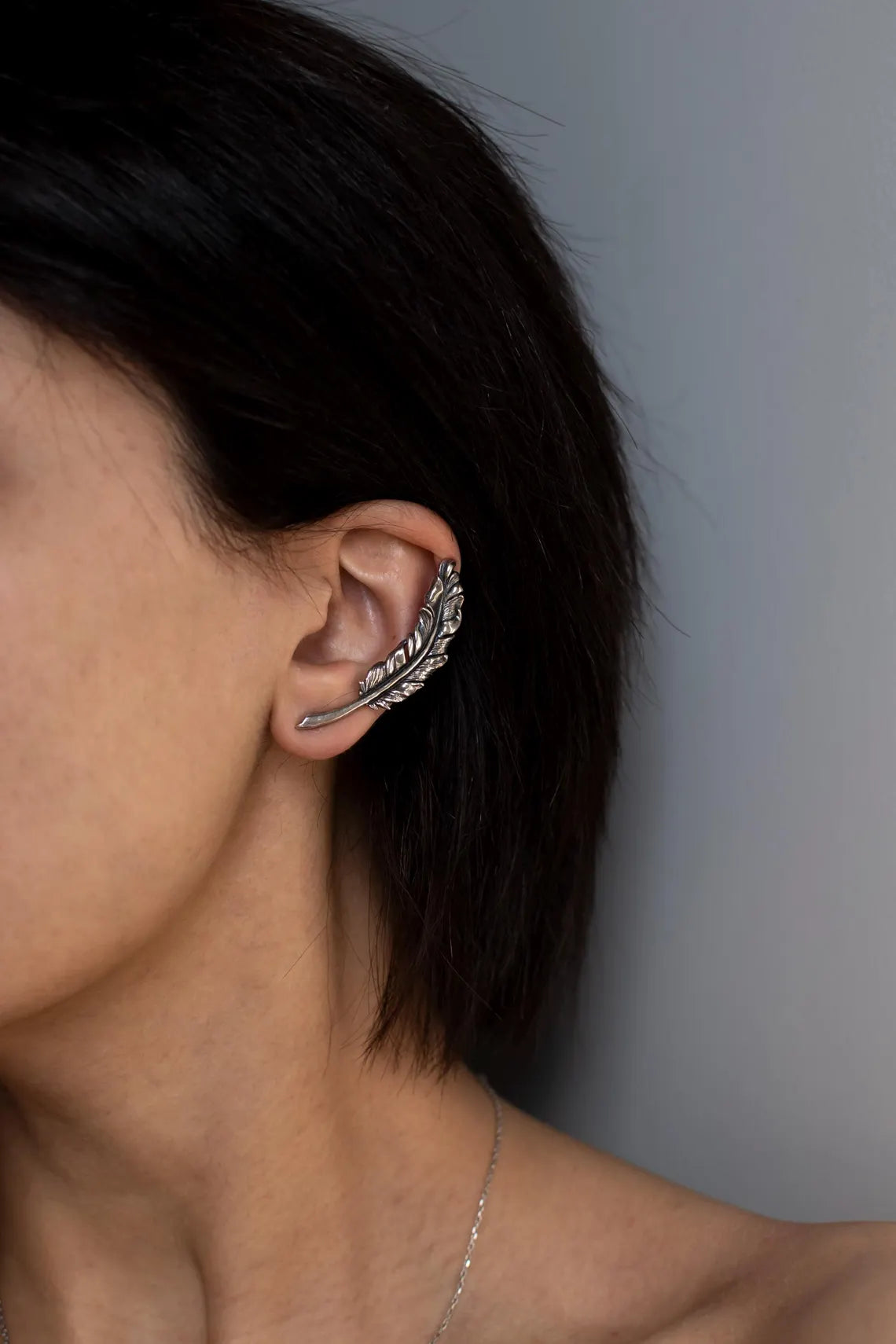Feather sterling silver ear cuff detail