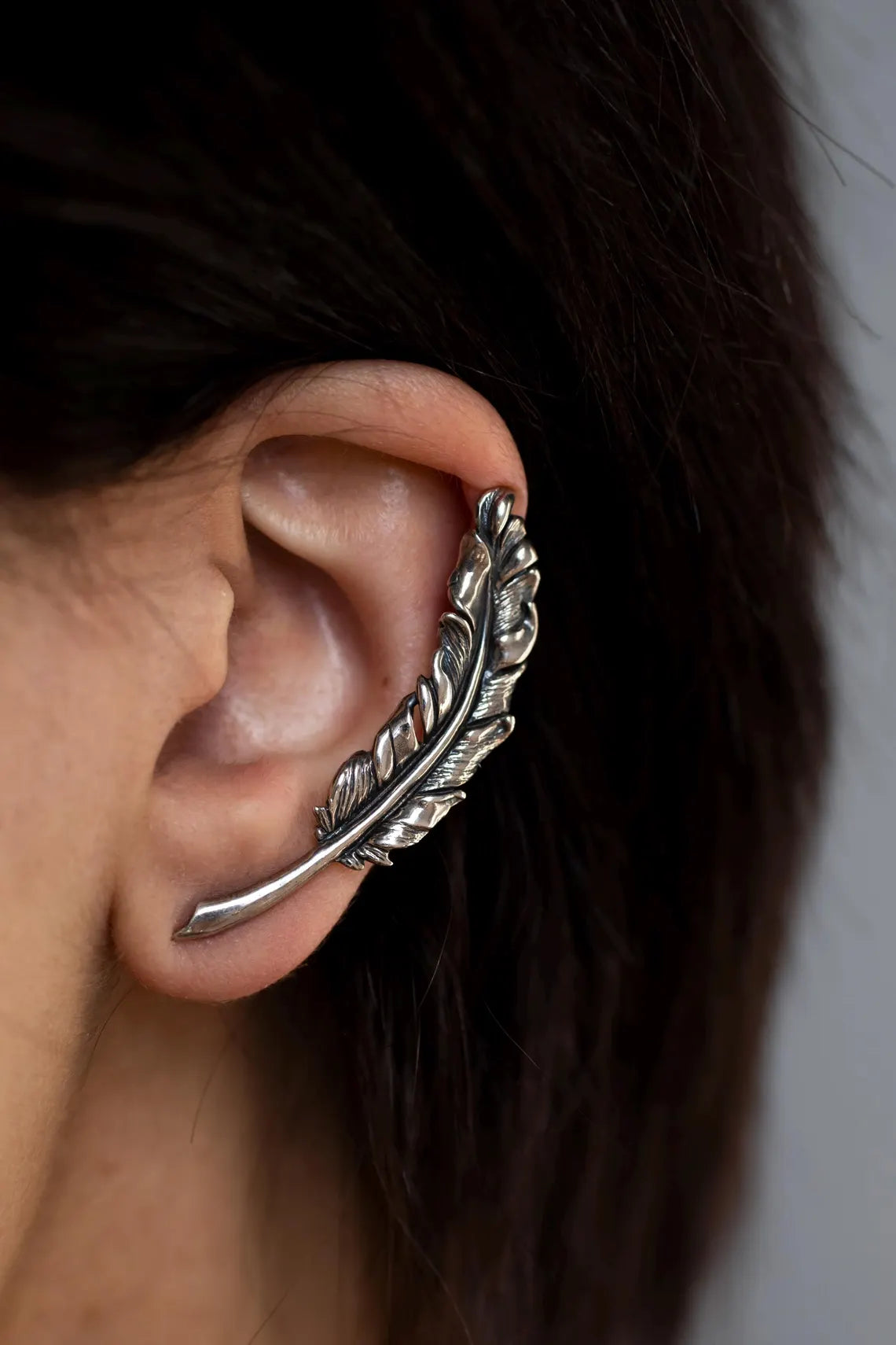 Handcrafted sterling silver feather ear cuff non-pierced earring