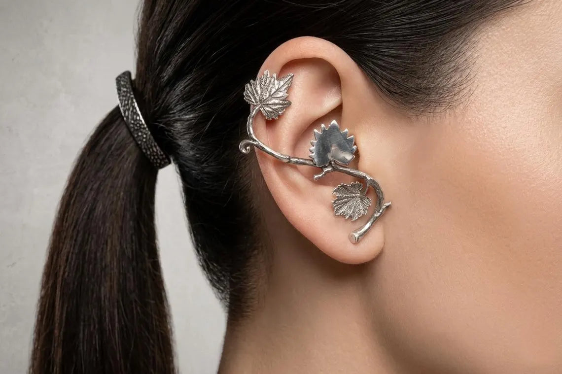 Cascading leaf climber earrings in oxidized sterling silver
