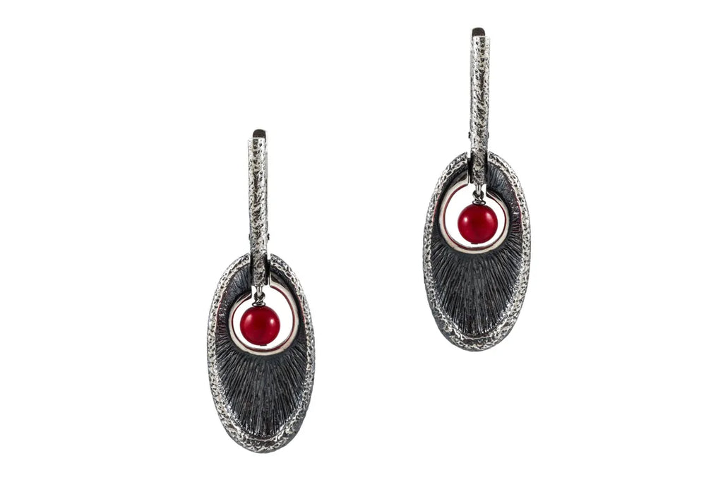 Handcrafted sterling silver jewelry set with red coral ring and earrings