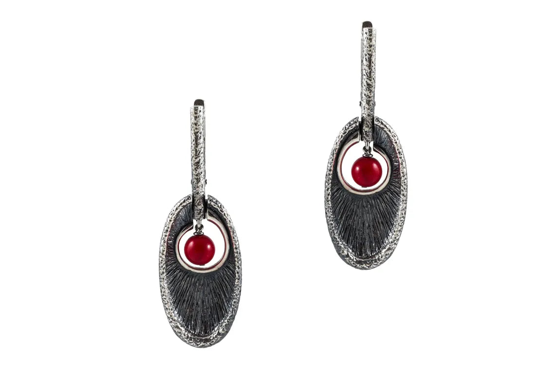 Handcrafted sterling silver jewelry set with red coral ring and earrings