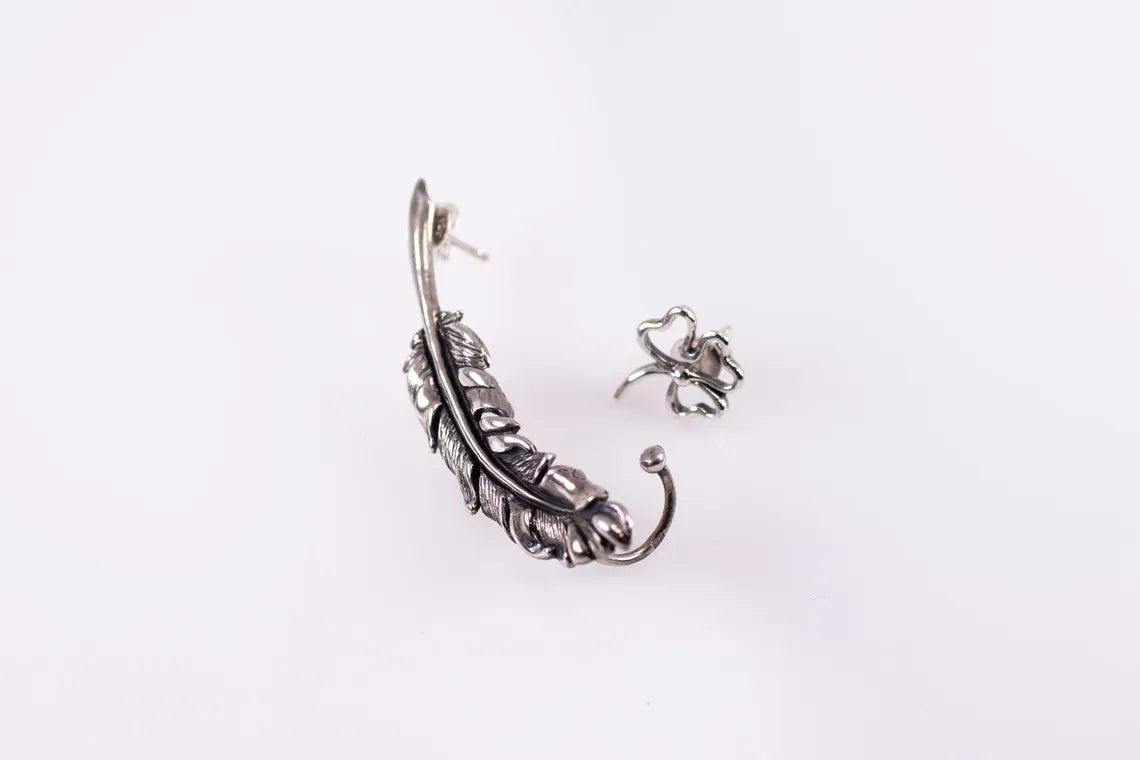 Oxidized sterling silver feather jewelry for ear styling