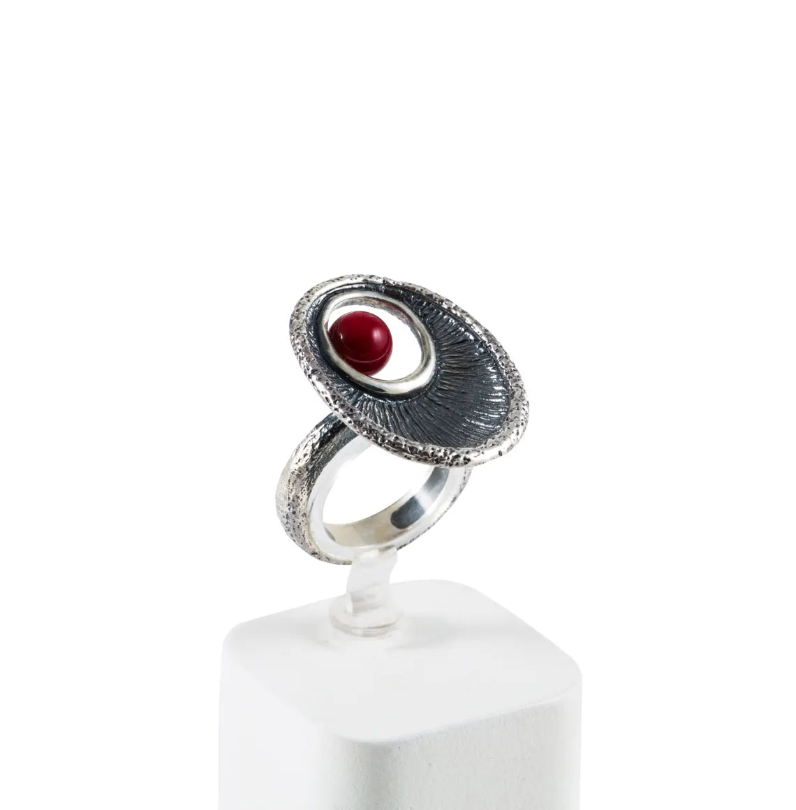Oxidized sterling silver jewelry set featuring genuine red coral