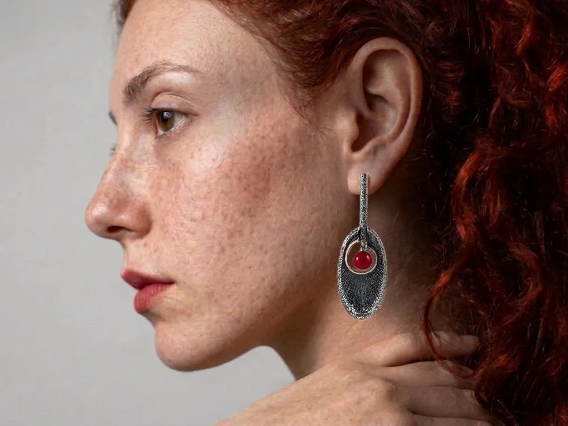 Artisan red coral dangle earrings and statement ring in sterling silver