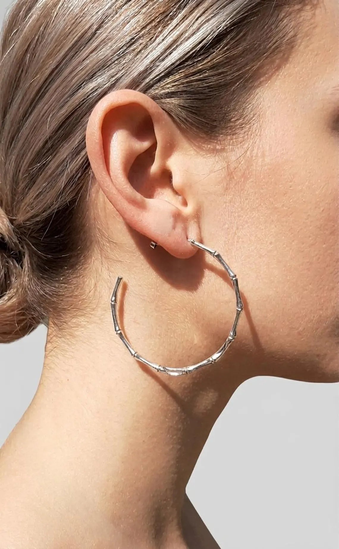 Handcrafted nature inspired large silver hoop earrings