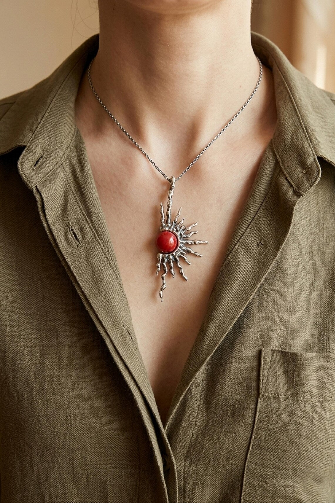Sun & Red Coral Silver Earrings