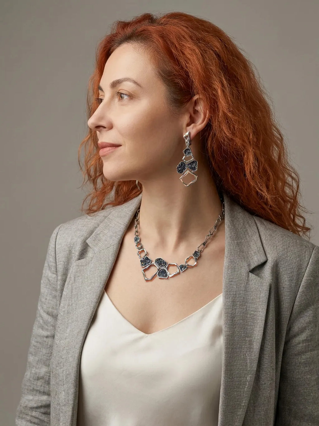 Contemporary artisan jewelry set with druzy carborundum gemstones