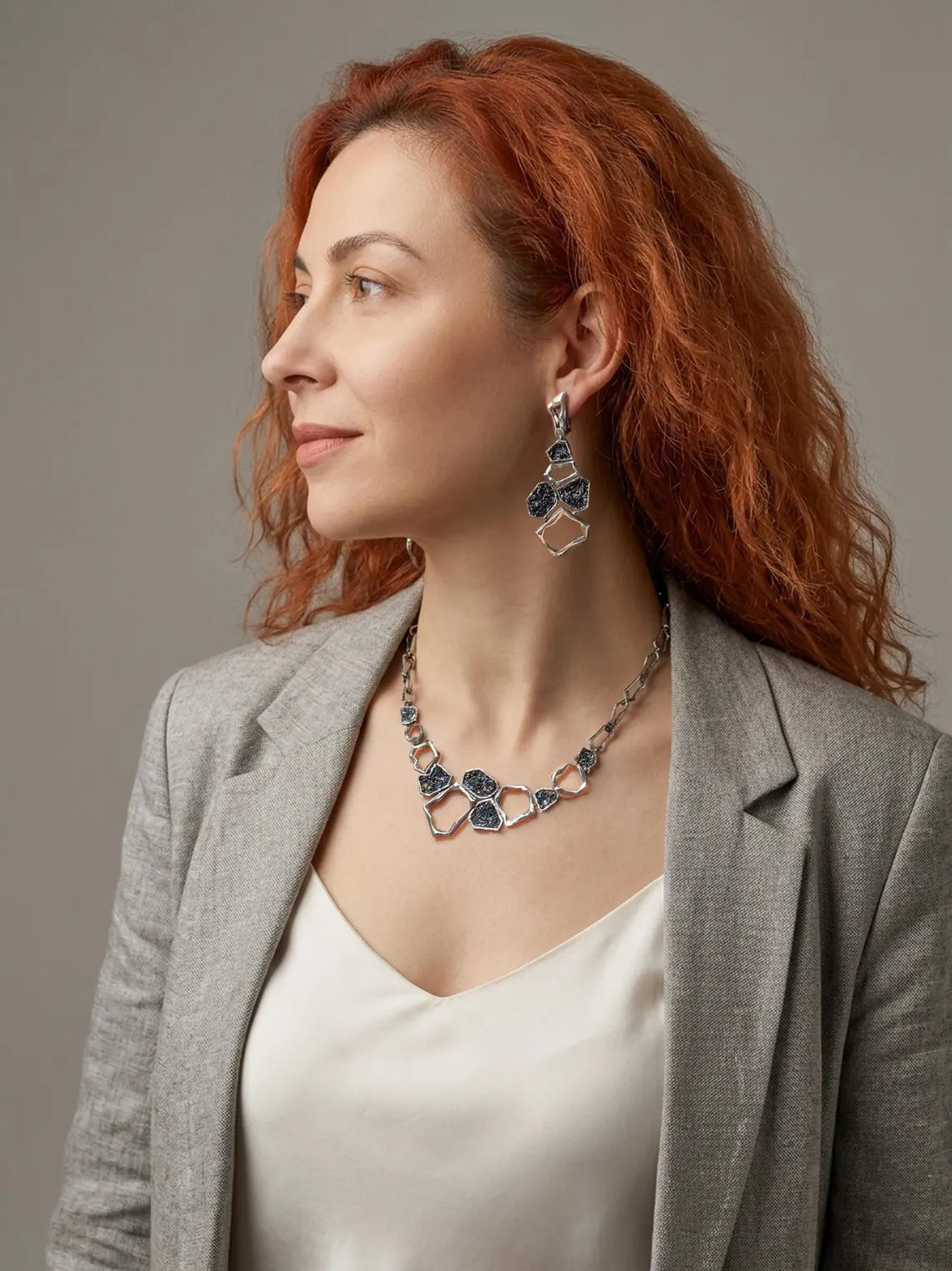 Contemporary artisan jewelry set with druzy carborundum gemstones