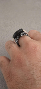 Gothic sterling silver ring for men with ram design and Black Onyx