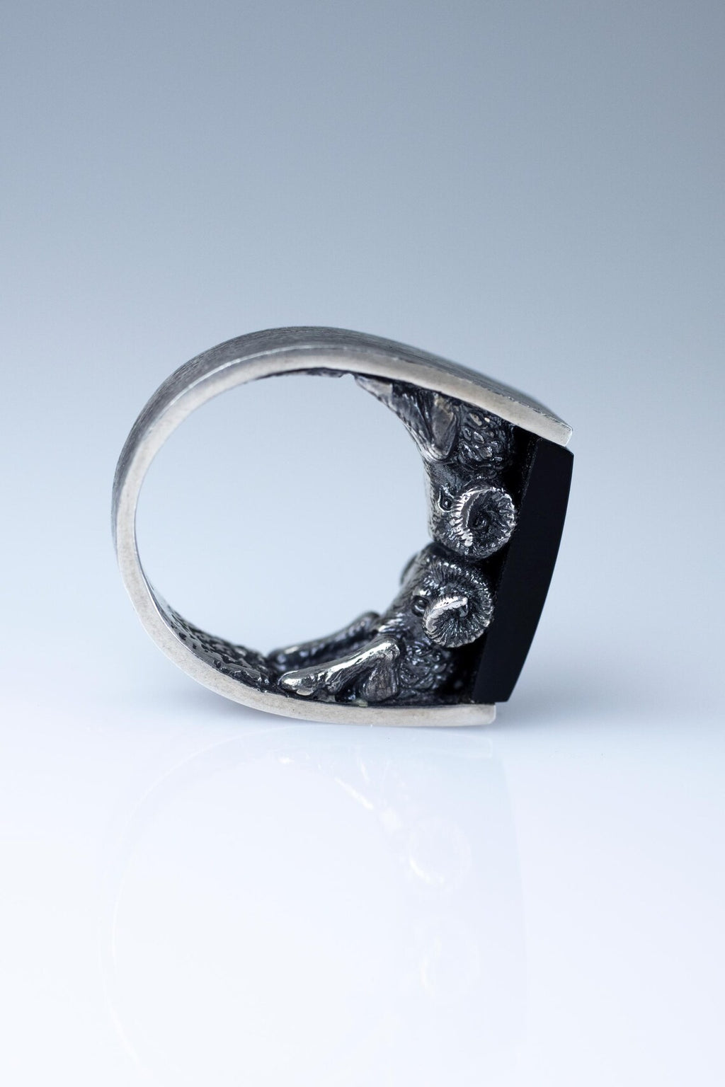 Silver ring with a black stone on a light gray background