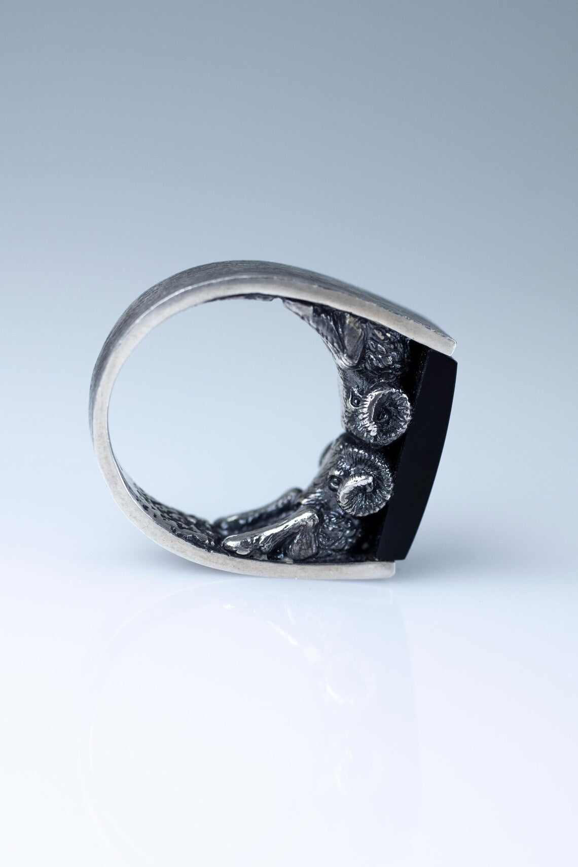 Silver ring with a black stone on a light gray background