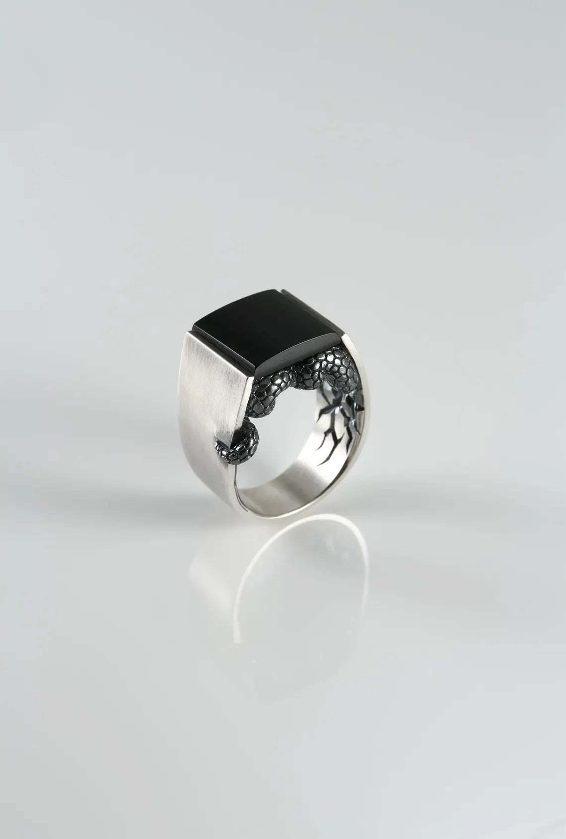 Sterling silver snake ring with black agate gemstone