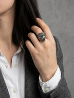 Handmade wild cat ring with black enamel details