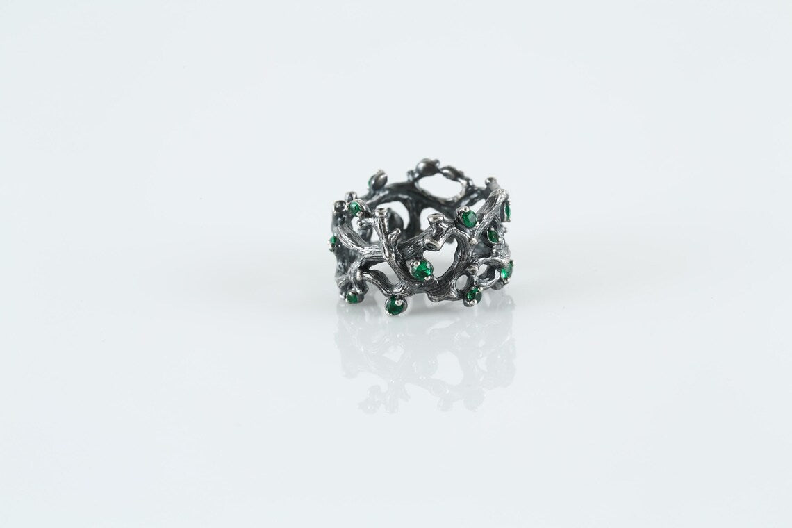 Sterling silver tree branch ring with green gemstones