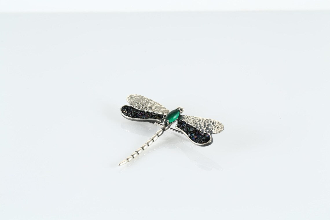 Dragonfly brooch with natural green cat's eye