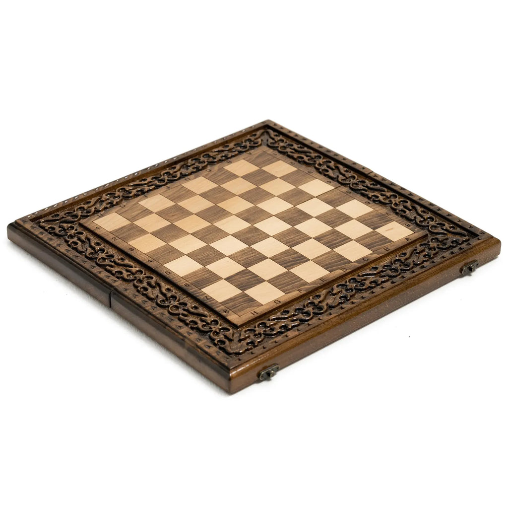 Detail of the carved border on the wooden chess set