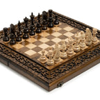 Wooden chess set with ornaments from an angled view