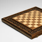 Close-up of the hand-carved chess pieces