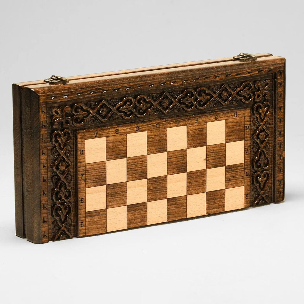 Handmade chess set from an angled view