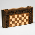 Handmade chess set from an angled view
