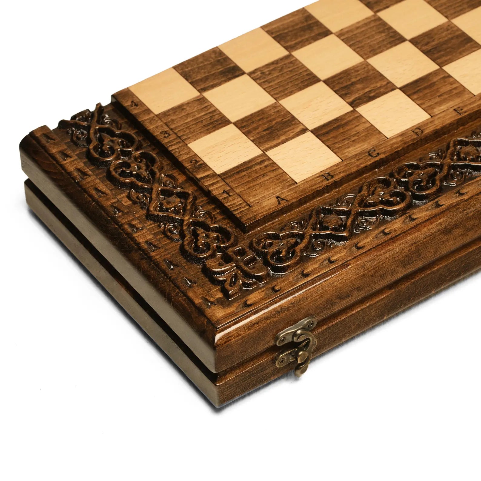 Handmade wooden chess set ready for play