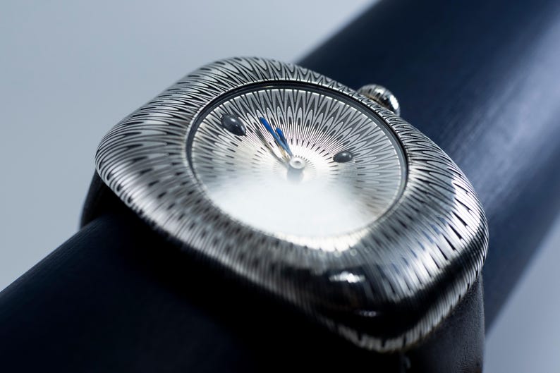 Handcrafted 925 Sterling Silver Guilloché Watch with Blue Enamel Hands