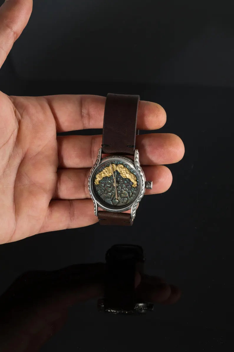 Handmade Aries zodiac sterling silver men's watch with leather strap