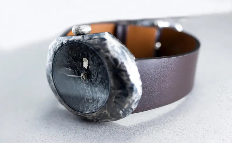 Handcrafted Blackened 925 Sterling Silver Stone-Style Unisex Watch