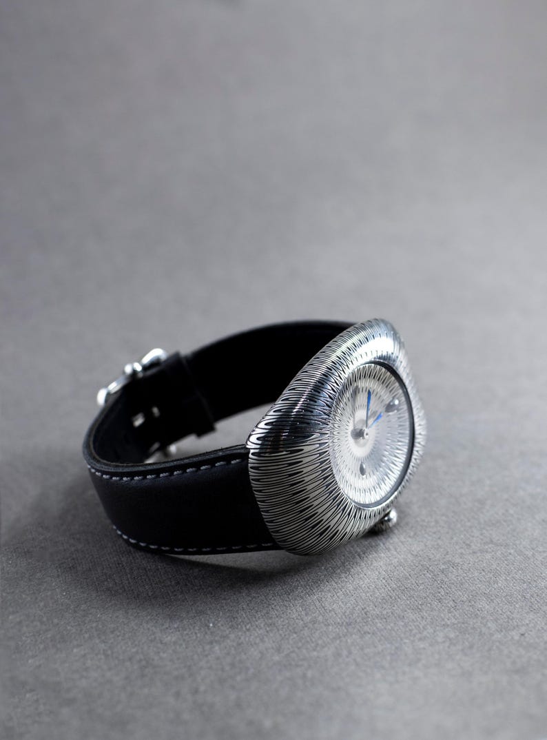 Handcrafted 925 Sterling Silver Guilloché Watch with Blue Enamel Hands