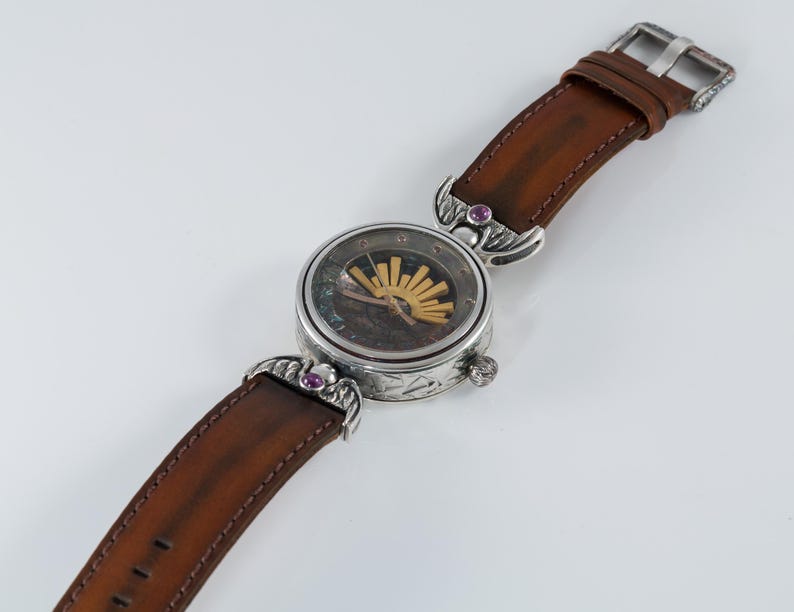 Handcrafted 925 Sterling Silver Women's Watch with Sun Dial & Rubies